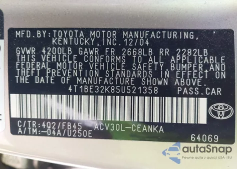 2005 Toyota Camry Le из США, поврежденный, VIN 4T1BE32K85U521358